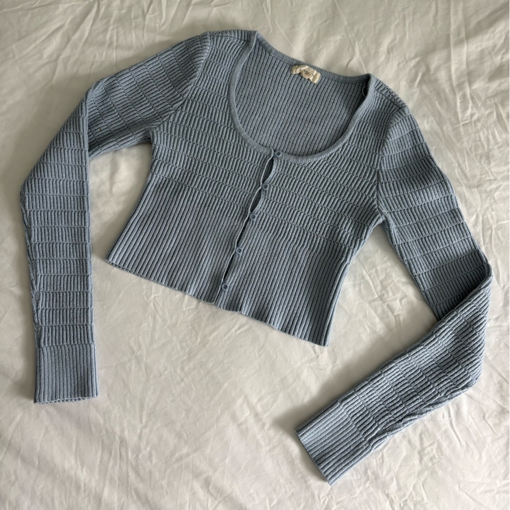 Blue Ribbed Button-Up Cardigan